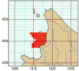 留萌地方沿岸南部の速報値の海域図