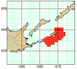 色丹島の南東側の速報値の海域図