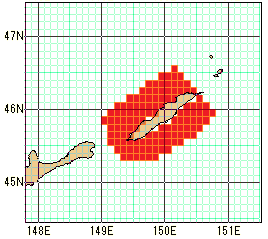 ウルップ島沿岸の速報値の海域図