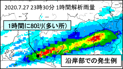 大雨が沿岸部で発生する時の１時間解析雨量分布の例
