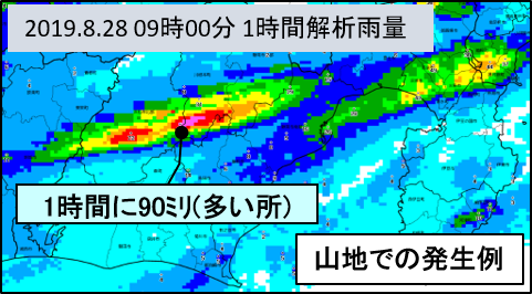 大雨が山地で発生した時の１時間解析雨量分布の例