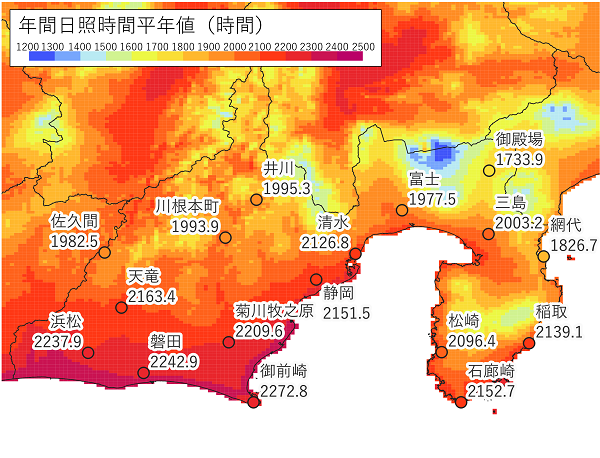 2020平年値による年間日照時間の分布