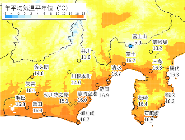 2020平年値による年平均気温の分布