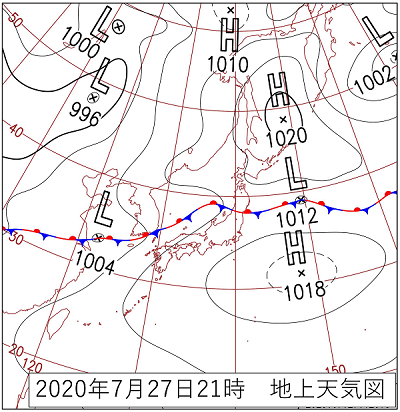 局地的な大雨が発生した事例の天気図（2020年7月27日21時）
