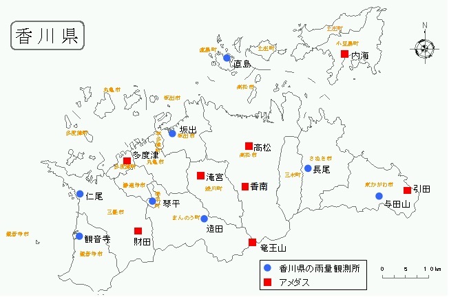 気象情報などに利用する香川県内の雨量観測点分布図