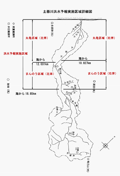 土器川洪水予報実施区域図