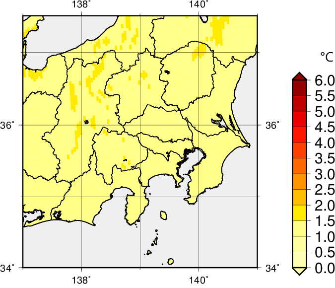 関東甲信_平均気温予測分布RCP2.6