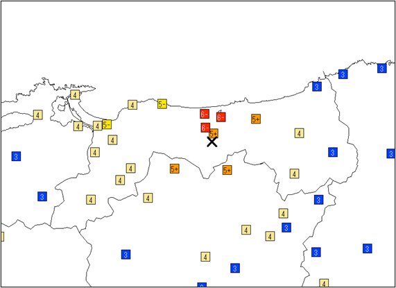 市町村別の震度分布図（鳥取県周辺）